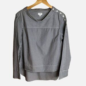 J.CREW Funnel Neck Black White Stripe Button Shoulder Top Sz 10 Asym Hem